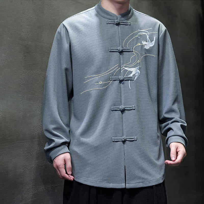 Camisa de hombre con cuello alto, manga larga y bordado de golondrinas y botones de rana con Buddha Stones - image 14