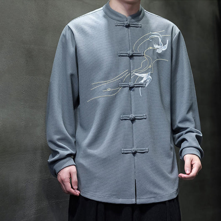 Camisa de hombre con cuello alto, manga larga y bordado de golondrinas y botones de rana con Buddha Stones - image 14