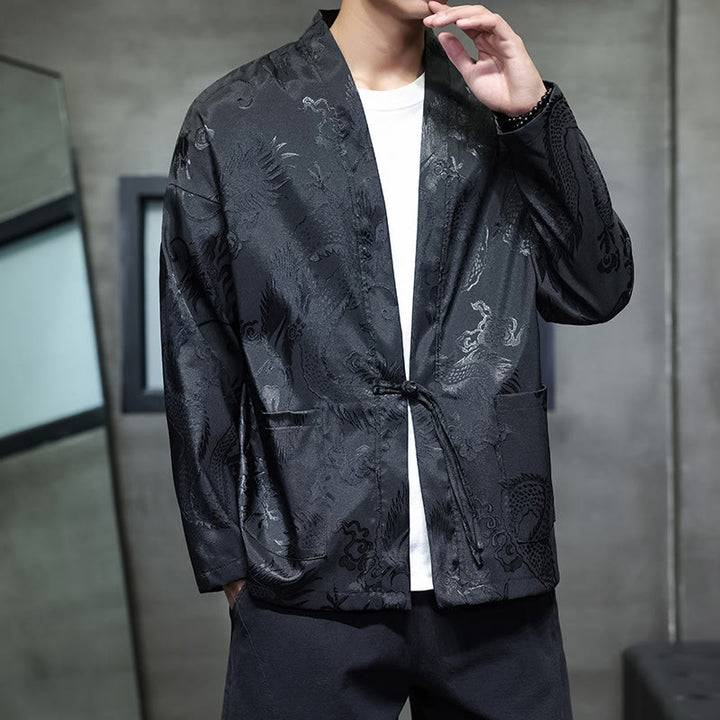 Camisa de hombre con cuello alto, manga larga y botones de rana y dragón en jacquard con Buddha Stones - image 1