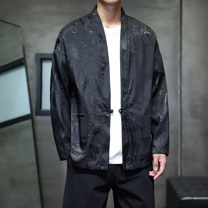 Camisa de hombre con cuello alto, manga larga y botones de rana y dragón en jacquard con Buddha Stones - Negro - US/UK/AU46, EU56 (5XL) - image 0