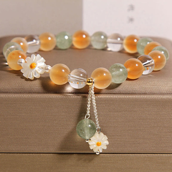 Pulsera curativa de cuarzo fresa verde con ágata y margaritas naturales de Buddha Stones - Ágata de caramelo (circunferencia de la muñeca: 15-17 cm) - image 0