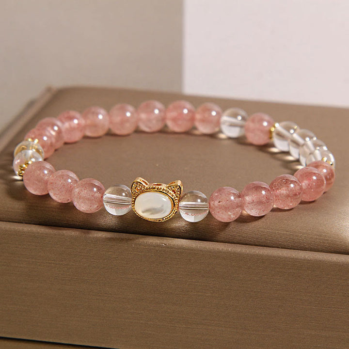 Pulsera curativa de cuentas de cristal blanco de cuarzo fresa natural con diseño de gato y Buddha Stones - image 1