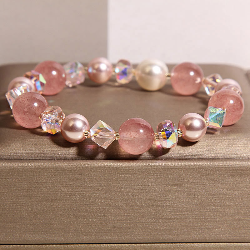 Pulsera positiva de cuarzo fresa natural con perla de cristal blanco de Buddha Stones - image 1