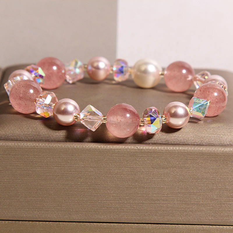 Pulsera positiva de cuarzo fresa natural con perla de cristal blanco de Buddha Stones - image 3