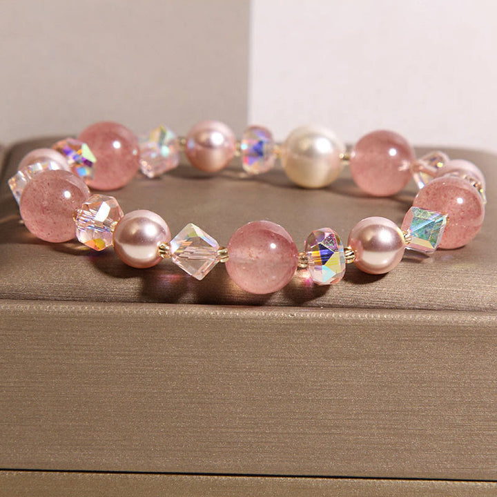Pulsera positiva de cuarzo fresa natural con perla de cristal blanco de Buddha Stones - image 3