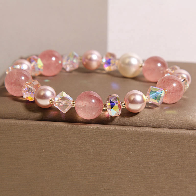 Pulsera positiva de cuarzo fresa natural con perla de cristal blanco de Buddha Stones - image 2