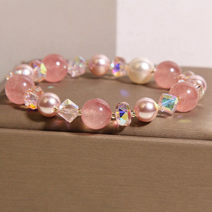 Pulsera positiva de cuarzo fresa natural con perla de cristal blanco de Buddha Stones - image 2
