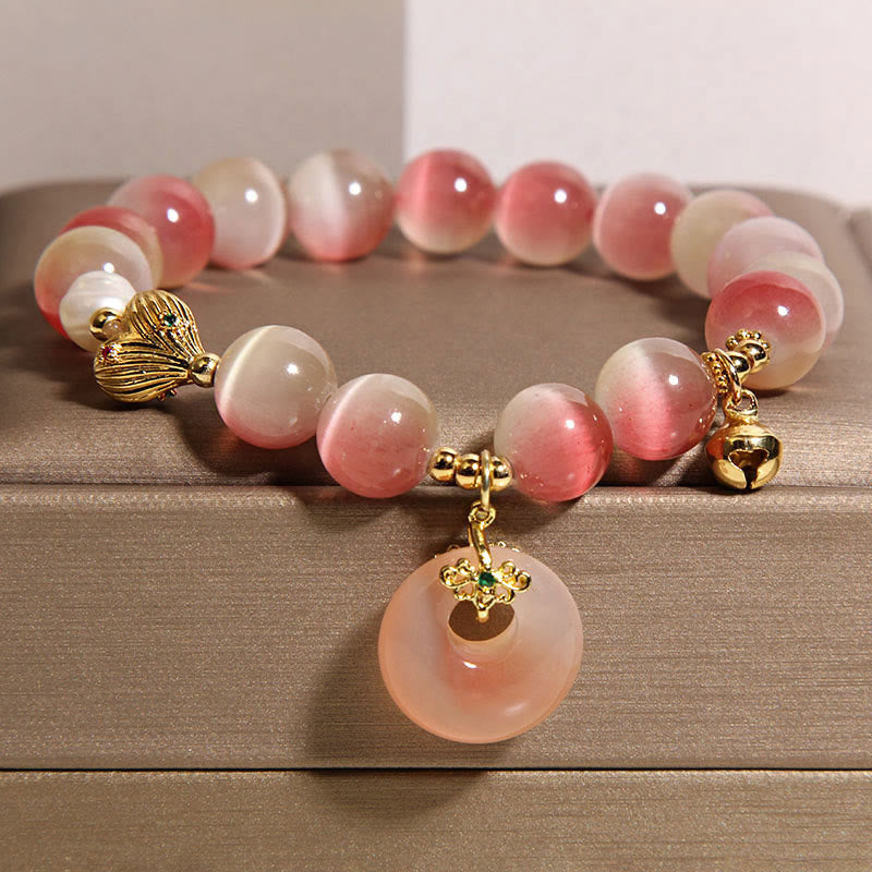 Pulsera de la paz con Buddha Stones y ágata Yanyuan de ojo de gato rosa degradado con hebilla de paz natural - Ojo de gato rosa (circunferencia de la muñeca: 15-17 cm) - image 0