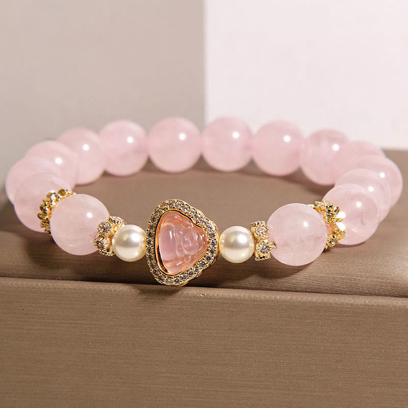 Pulsera de perlas de cristal rosa con símbolo de Buda natural y Buddha Stones - image 2