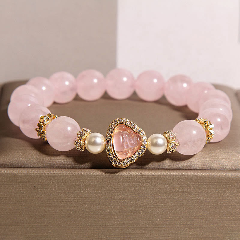 Pulsera de perlas de cristal rosa con símbolo de Buda natural y Buddha Stones - Cristal rosa (circunferencia de la muñeca: 15-17 cm) - image 0