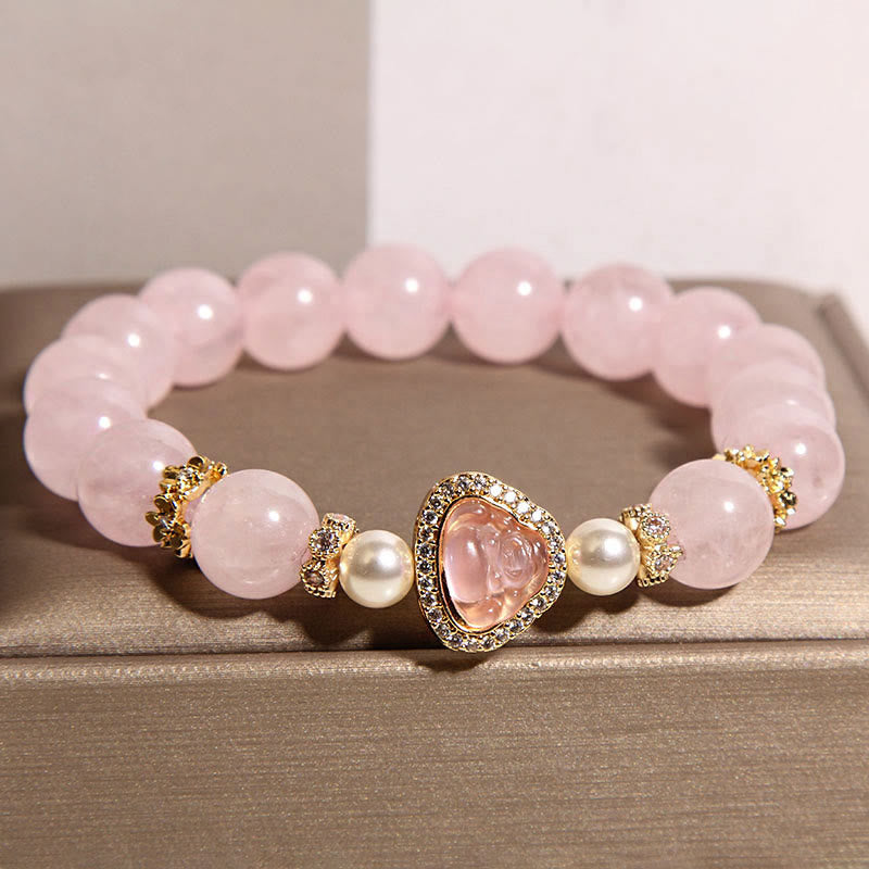 Pulsera de perlas de cristal rosa con símbolo de Buda natural y Buddha Stones - image 1