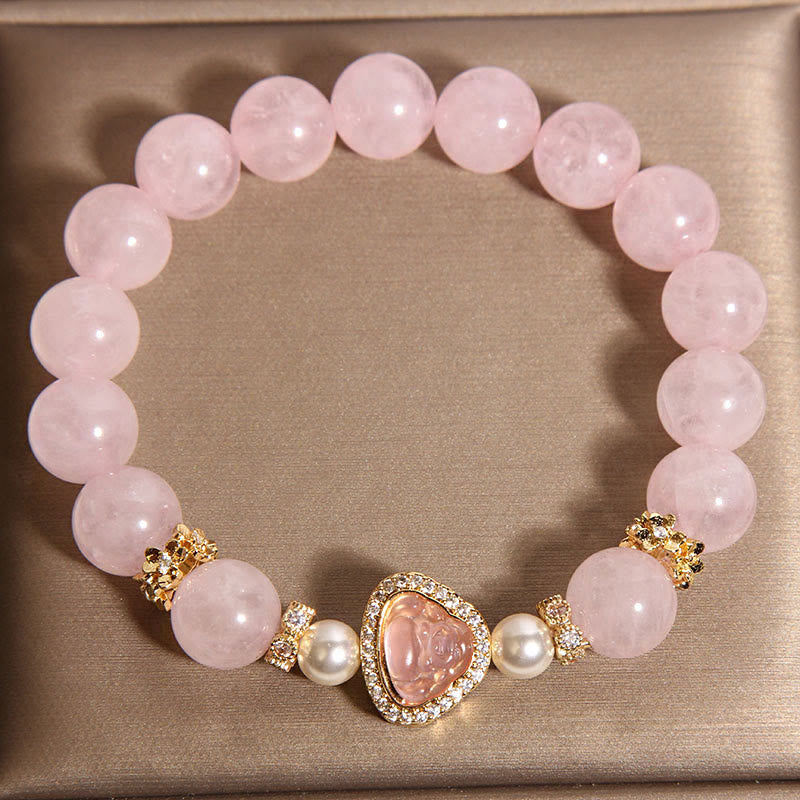 Pulsera de perlas de cristal rosa con símbolo de Buda natural y Buddha Stones - image 3