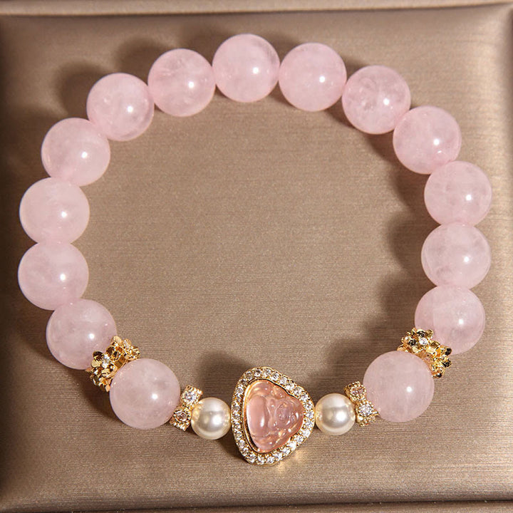 Pulsera de perlas de cristal rosa con símbolo de Buda natural y Buddha Stones - image 3