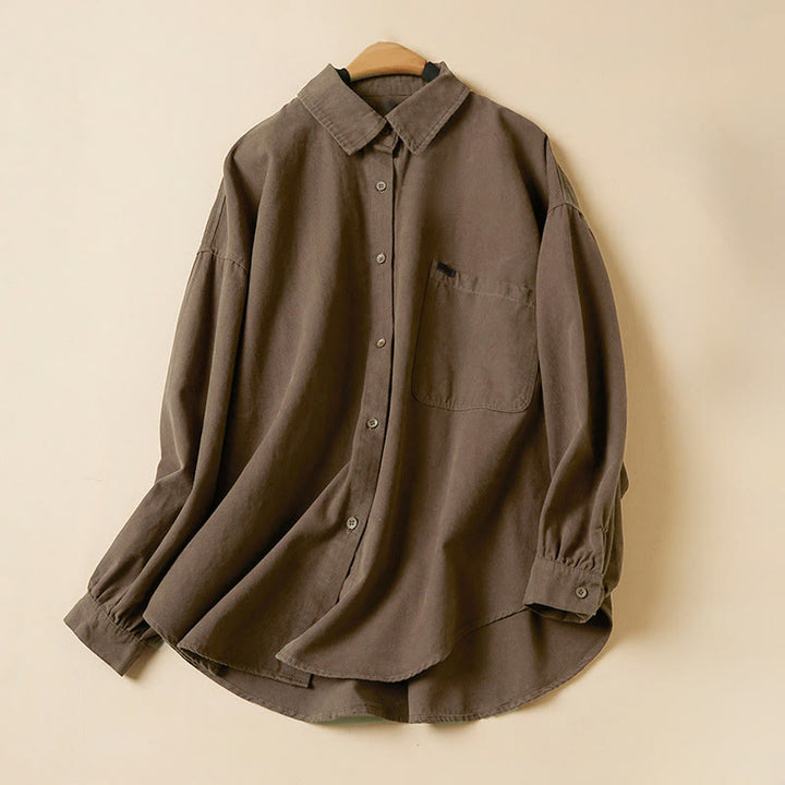 Camisa de algodón de manga larga con cuello alto y botones informales para mujer con diseño de Buddha Stones - Tierra de siena - US14，UK/AU18，EU46 (2XL) - image 15