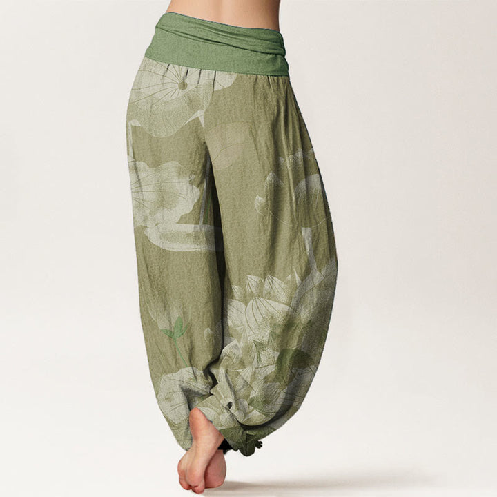 Pantalones harén de Buddha Stones puro con diseño de loto rosa y blanco para mujer, con cintura elástica - image 9