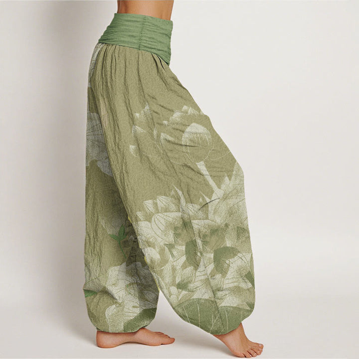 Pantalones harén de Buddha Stones puro con diseño de loto rosa y blanco para mujer, con cintura elástica - image 10