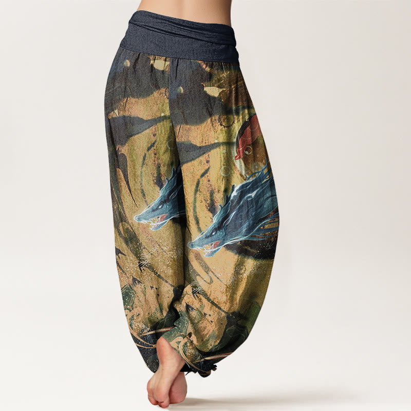 Pantalones harén de algodón puro con diseño de nubes auspiciosas y dragón para mujer, con cintura elástica - image 9