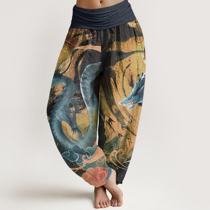 Pantalones harén de algodón puro con diseño de nubes auspiciosas y dragón para mujer, con cintura elástica - Azul medianoche - US22，UK/AU26，EU54 (6XL) - image 8