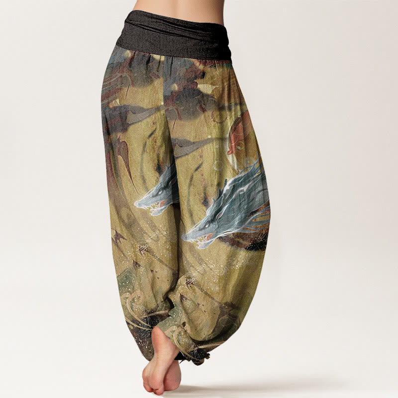 Pantalones harén de algodón puro con diseño de nubes auspiciosas y dragón para mujer, con cintura elástica - image 1