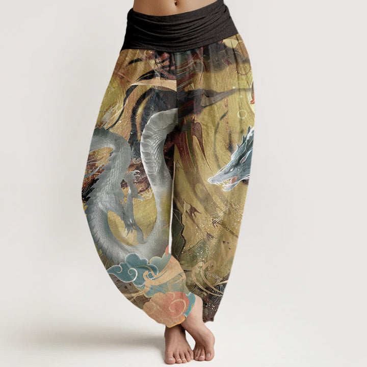 Pantalones harén de algodón puro con diseño de nubes auspiciosas y dragón para mujer, con cintura elástica - Amarillo - US22，UK/AU26，EU54 (6XL) - image 0