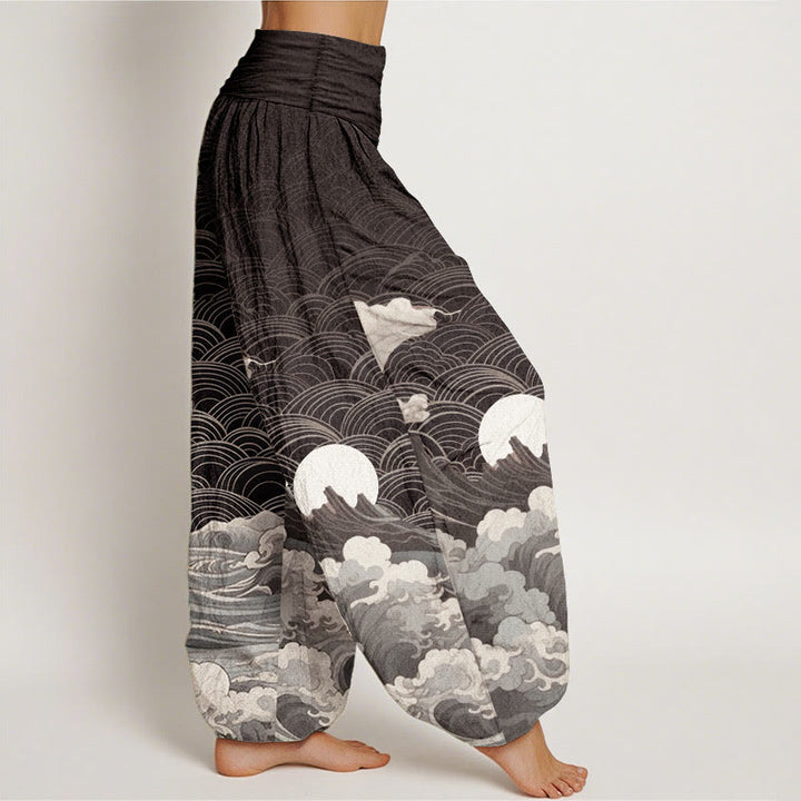 Pantalones Buddha Stones de algodón puro con estampado de ondas, luna y montaña para mujer, cintura elástica - image 2