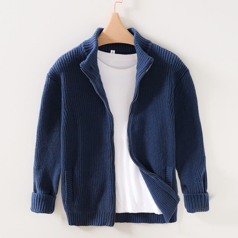 Chaqueta de punto con cremallera de color liso de invierno Buddha Stones para hombre, de algodón, de manga larga y con bolsillos - Azul oscuro - US/UK/AU40, EU50 (2XL) - image 0