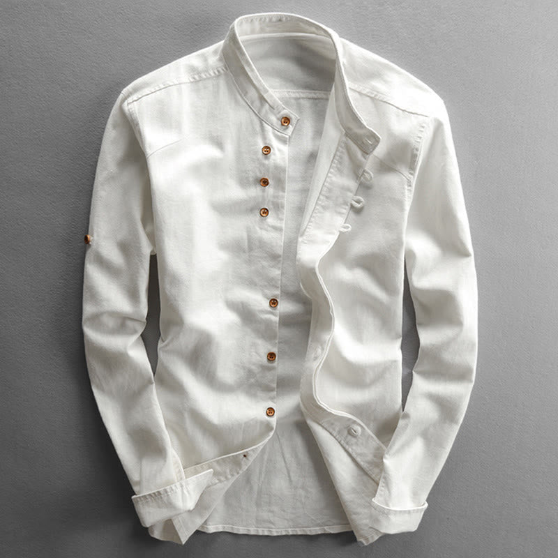 Camisa de lino y algodón de manga larga con cuello redondo y diseño entallado de Buddha Stones para hombre - Blanco - US/UK/AU50, EU60 (7XL) - image 3