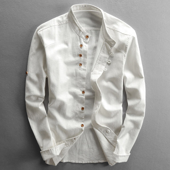 Camisa de lino y algodón de manga larga con cuello redondo y diseño entallado de Buddha Stones para hombre - Blanco - US/UK/AU50, EU60 (7XL) - image 3