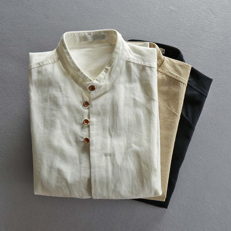 Camisa de lino y algodón de manga larga con cuello redondo y diseño entallado de Buddha Stones para hombre - image 13