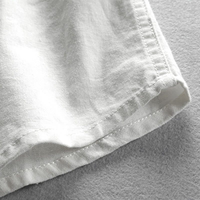 Camisa de lino y algodón de manga larga con cuello redondo y diseño entallado de Buddha Stones para hombre - image 8