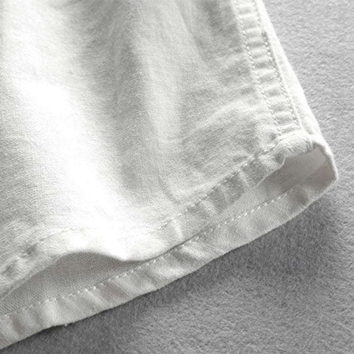 Camisa de lino y algodón de manga larga con cuello redondo y diseño entallado de Buddha Stones para hombre - image 8