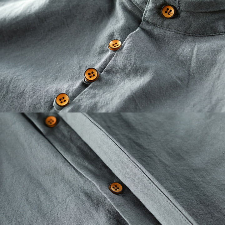 Camisa de lino y algodón de manga larga con cuello redondo y diseño entallado de Buddha Stones para hombre - image 11