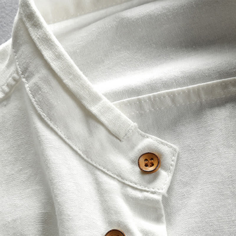 Camisa de lino y algodón de manga larga con cuello redondo y diseño entallado de Buddha Stones para hombre - image 6