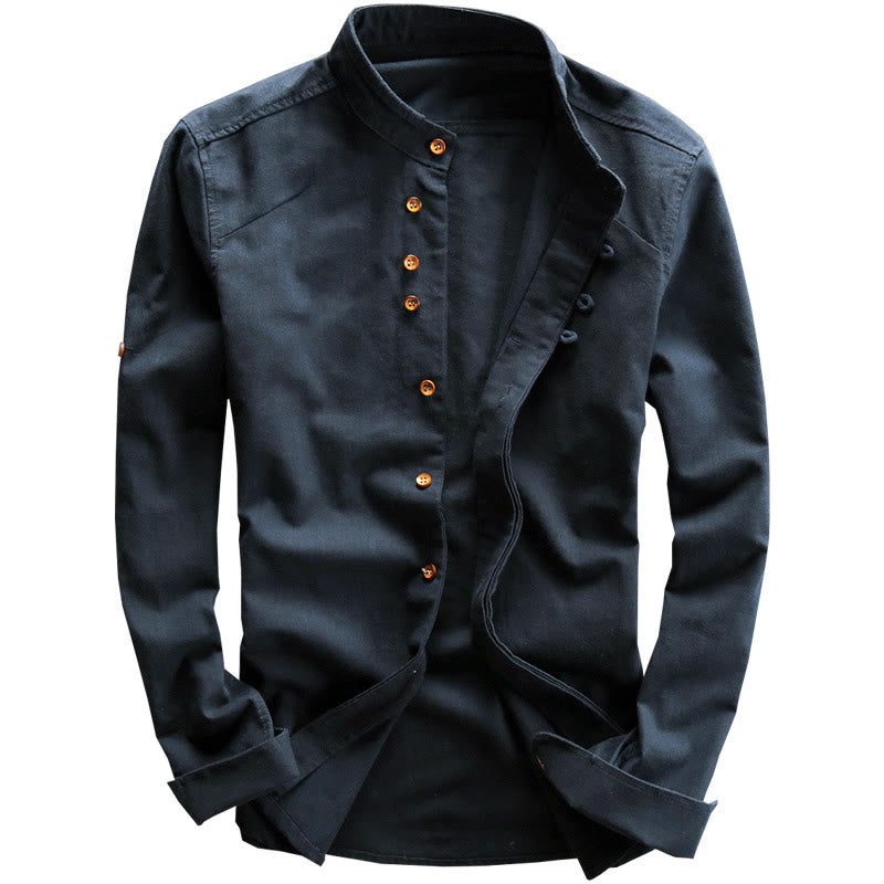 Camisa de lino y algodón de manga larga con cuello redondo y diseño entallado de Buddha Stones para hombre - image 2