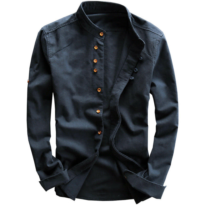 Camisa de lino y algodón de manga larga con cuello redondo y diseño entallado de Buddha Stones para hombre - image 2