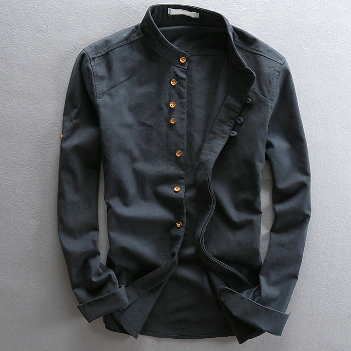 Camisa de lino y algodón de manga larga con cuello redondo y diseño entallado de Buddha Stones para hombre - Azul medianoche - US/UK/AU50, EU60 (7XL) - image 0