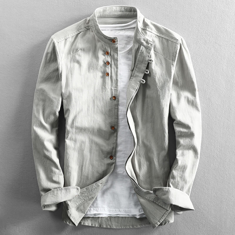 Camisa de lino y algodón de manga larga con cuello redondo y diseño entallado de Buddha Stones para hombre - Humo blanco - US/UK/AU50, EU60 (7XL) - image 12