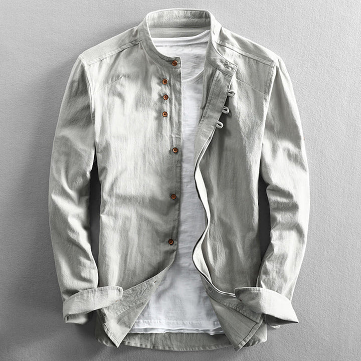 Camisa de lino y algodón de manga larga con cuello redondo y diseño entallado de Buddha Stones para hombre - Humo blanco - US/UK/AU50, EU60 (7XL) - image 12