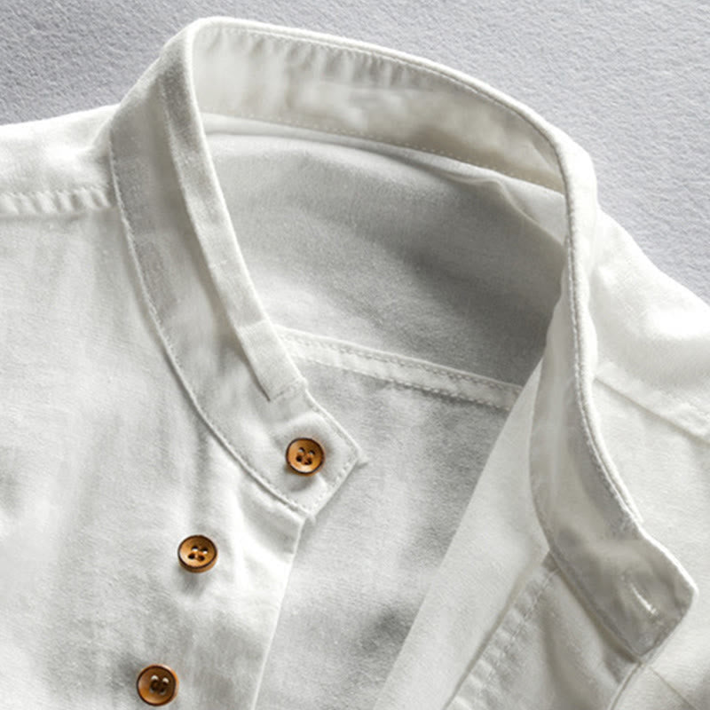 Camisa de lino y algodón de manga larga con cuello redondo y diseño entallado de Buddha Stones para hombre - image 4