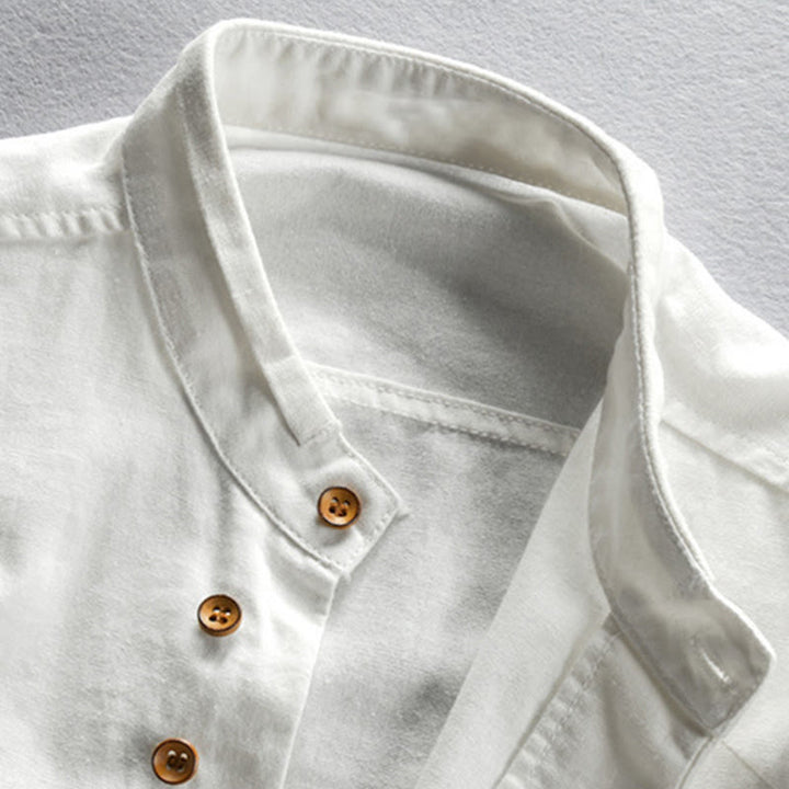Camisa de lino y algodón de manga larga con cuello redondo y diseño entallado de Buddha Stones para hombre - image 4