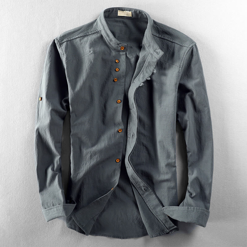 Camisa de manga larga de algodón y lino con cuello redondo y diseño ajustado para hombre de Buddha Stones. - Azul cadete - US/UK/AU48, UE58 (7XL) - image 10