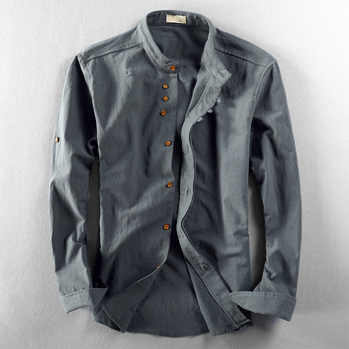 Camisa de manga larga de algodón y lino con cuello redondo y diseño ajustado para hombre de Buddha Stones. - Azul cadete - US/UK/AU48, UE58 (7XL) - image 10
