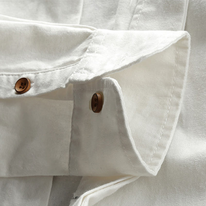 Camisa de lino y algodón de manga larga con cuello redondo y diseño entallado de Buddha Stones para hombre - image 9