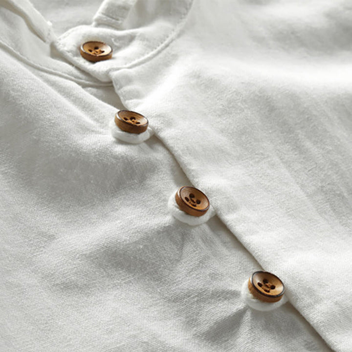 Camisa de lino y algodón de manga larga con cuello redondo y diseño entallado de Buddha Stones para hombre - image 5