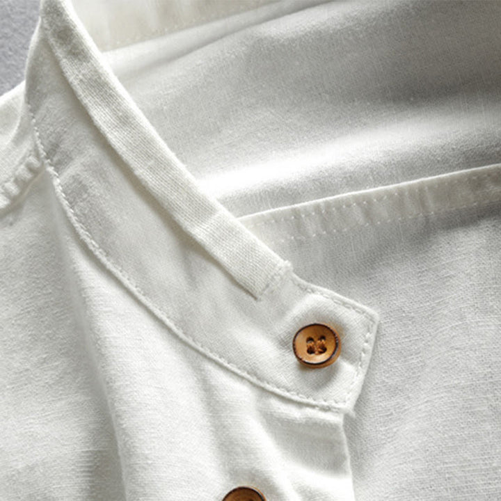Camisa de manga larga para hombre de algodón y lino con cuello redondo y diseño ajustado de Buddha Stones. - image 6