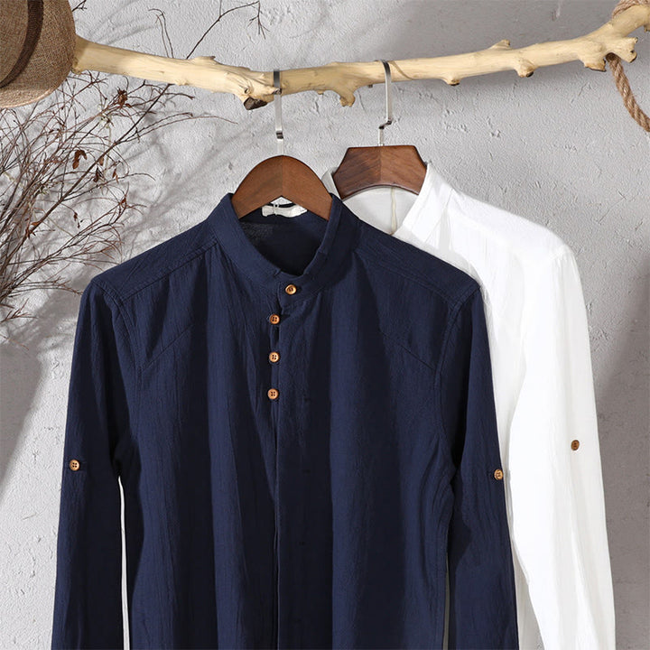 Camisa de lino y algodón de manga larga con cuello redondo y diseño entallado de Buddha Stones para hombre - image 14