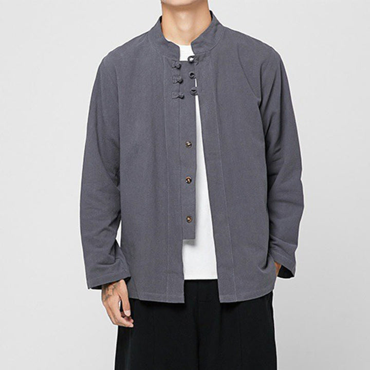 Camisa de traje Tang de algodón de manga larga para hombre con botones de rana chinos y abertura lateral con Buddha Stones - image 4