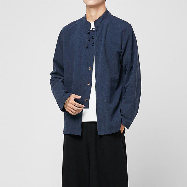 Camisa de traje Tang de algodón de manga larga para hombre con botones de rana chinos y abertura lateral con Buddha Stones - image 19