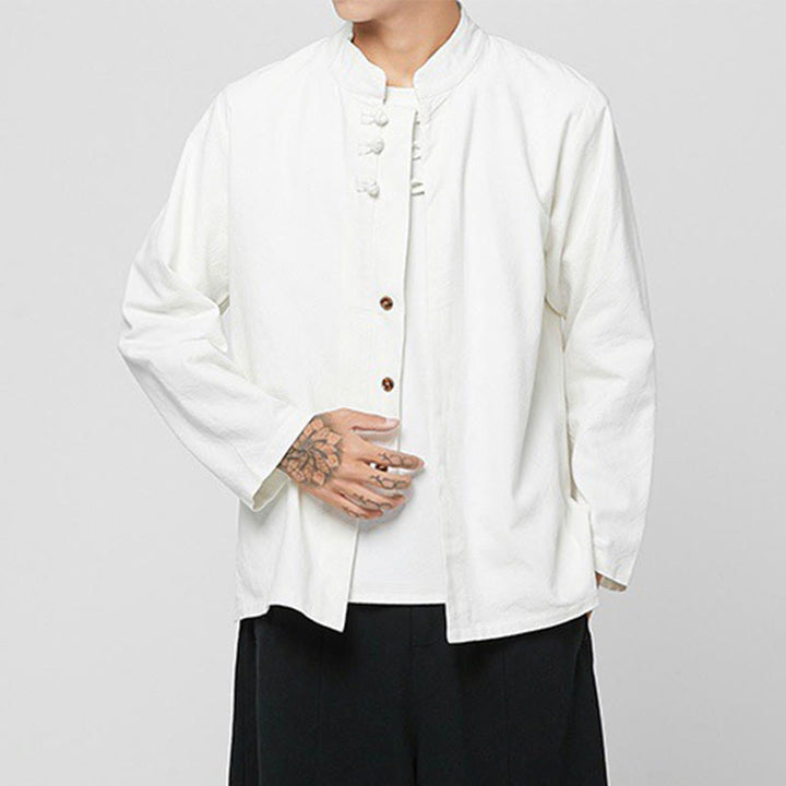 Camisa de traje Tang de algodón de manga larga para hombre con botones de rana chinos y abertura lateral con Buddha Stones - image 26