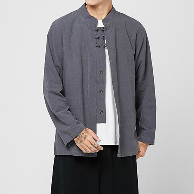 Camisa de traje Tang de algodón de manga larga para hombre con botones de rana chinos y abertura lateral con Buddha Stones - image 2